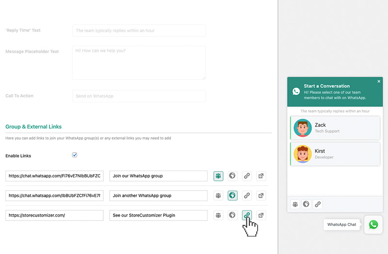 Add WhatsApp Group and external links